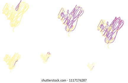 Hand Draw, Embroidered, Stylish Yellow and Violet Hearts of Different Size on White Background