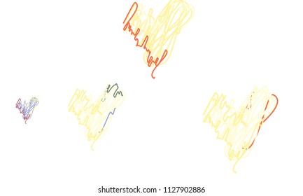 Hand Draw, Embroidered, Stylish Yellow, Red, Blue and Green Hearts of Different Size on White Background