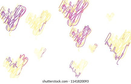 Hand Draw, Embroidered, Stylish Yellow and Violet Hearts of Different Size on White Background