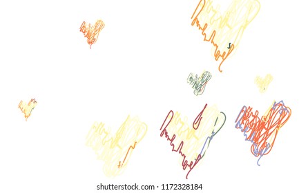 Hand Draw, Embroidered, Stylish Yellow, Red, Blue and Green Hearts of Different Size on White Background