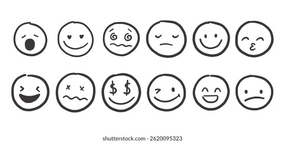 Hand draw emoticon black face set. Doodle collection of different black emoticon illustration