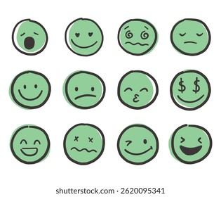 Hand draw emoticon face set. Doodle collection of different green emoticon illustration