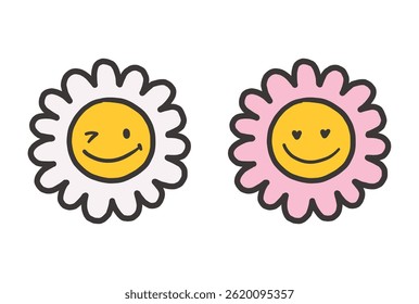 Hand draw emoticon face set. Doodle collection of different black flowers illustration