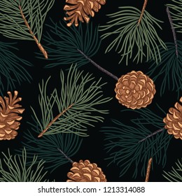 Hand draw engraving of a pine cone with cedar branches in a seamless pattern. Hand drawing sketch illustration.