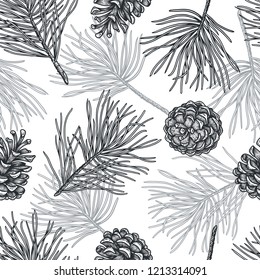 Hand draw engraving of a pine cone with cedar branches in a seamless pattern. Hand drawing sketch illustration.