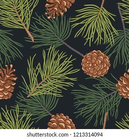 Hand draw engraving of a pine cone with cedar branches in a seamless pattern. Hand drawing sketch illustration.