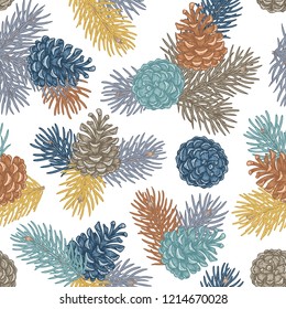 Hand draw engraving of a pine cone with cedar branches in a seamless pattern. Vector sketch illustration.