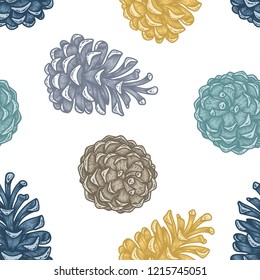 Hand draw engraving of a pine cone in a seamless pattern. Vector sketch illustration of traditional Christmas decoration symbols for greeting card, wrapping, textile.