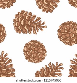Hand draw engraving of a pine cone in a seamless pattern. Vector sketch illustration of traditional Christmas decoration symbols for greeting card, wrapping, textile.