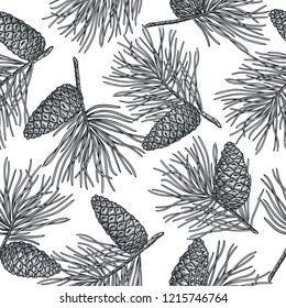Hand draw engraving of a pine cone with cedar branches in a seamless pattern. Vector sketch illustration of traditional Christmas decoration symbols for greeting card, wrapping, textile.