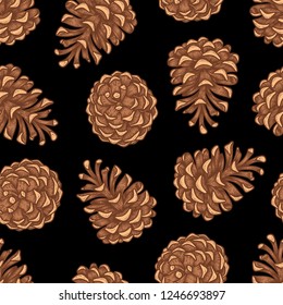 Hand draw engraving of a pine cone in a seamless pattern. Vector sketch illustration of traditional Christmas decoration symbols for greeting card, wrapping, textile.