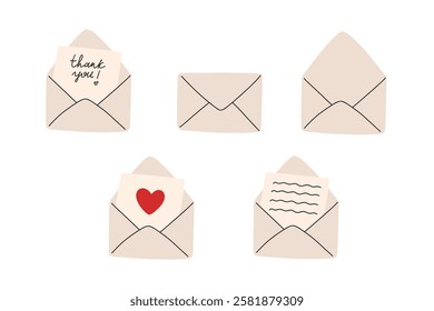 Hand draw envelopes with text and hearts.