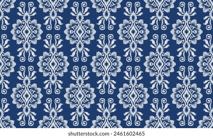 Handzeichnung Ethnisches Stoffmuster. Ikat Stickerei Ethnisch orientalisches Pixelmuster blauer Hintergrund. Ideal für Textilien, Banner, Bildschirmhintergründe, Vektorgrafik-Design.