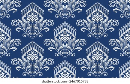 Hand draw Ethnic geometric fabric pattern .Ikat embroidery Ethnic oriental Pixel pattern.Aztec style abstract vector illustration.blue background.great for textiles, banners, wallpapers.