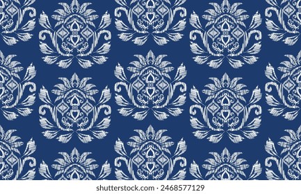 Hand draw Ethnic geometric fabric pattern .Ikat embroidery Ethnic oriental Pixel pattern .Aztec style abstract vector illustration.blue background.great for textiles, banners, wallpapers.