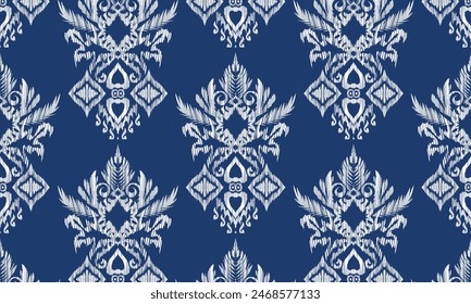 Hand draw Ethnic geometric fabric pattern .Ikat embroidery Ethnic oriental Pixel pattern .Aztec style abstract vector illustration.blue background.great for textiles, banners, wallpapers.