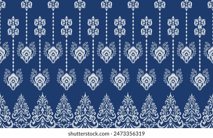 Hand draw Ethnic geometric fabric pattern .Ikat embroidery Ethnic oriental Pixel patternvector illustration.blue background.great for background ,curtain, carpet, wallpaper, clothing, wrapping,batik