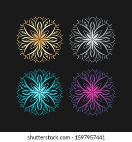 Hand draw ethnic mandalas on different color: gold, silver, blue, purple for decor and designs. Doodle boho element for greeting card or businesses banner. Can be used for textile and warping paper.