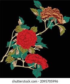 A hand draw ethnic red rose flower vector, ethnic motif ,red and green flower vector on black background .for brand style textiles ,clothes , flower motif , decorates designs ,book, cover or etc.