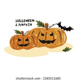hand draw evil face halloween pumpkin cartoon character design on white background