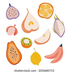 Hand draw exotic fruits. Pear,  papaya, dragon fruit, orange, lemon, lychee and bananas. Vegan, Farm, natural food illustration. Vector tropical sweet fruits.