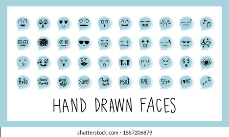 Hand draw face emoji with different emotions icon isolated on white background. Character creative vector illustration EPS10. Set of doodle cute cartoon feelings with art blue speech bubble.