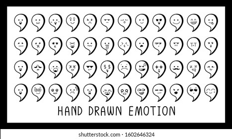Hand draw face emoji with different emotions icon isolated on white background. Character creative vector illustration EPS10. Set of doodle cute cartoon feelings with art black speech bubble.
