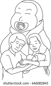hand draw of family in line art design for card.