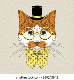 Hand draw fashion portrait of red cat hipster