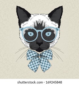 Hand draw fashion portrait of siamese cat hipster