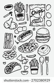 Hand draw fast food and chips doodles. Vector illustration of food icons in naive art style , crayon drawing. Minimalist black ink line art.