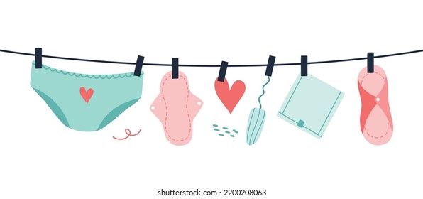 Hand Draw Female Lingerie, Tampon, Pads. Female Regular Menstrual Cycle Concept. Menstrual Period, Menstruation, Premenstrual Syndrome.