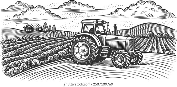 Hand draw field landscape and tractor