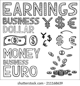 Hand Draw Finance And Money Doodle Sketch Business Icon, Dollar Euro Sign Papper Currency.