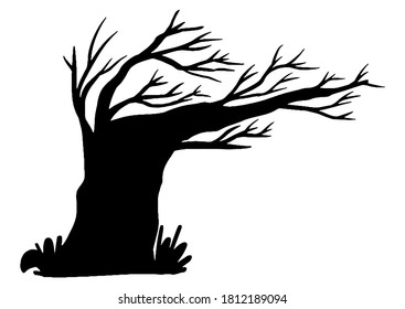 hand draw fine detail illustration of spooky creepy horror death wind bend tree with no leaf isolated on white background
