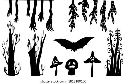 hand draw fine detail illustration of spooky creepy horror ghost Halloween theme creature. mushroom, devil, bat, stump, tree, hand, eye, fae.