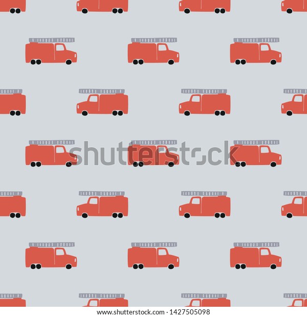 Hand Draw A Fire Truck Seamless Pattern. Vector\
Boyish Background in Scandinavian Style. Red fire Cute Cars\
Isolated on Gray Background. Print for Children\'s t-Shirt, Textile,\
packaging, cover