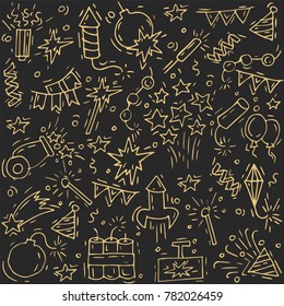 Hand draw firework icon set with petard, stars and pyrotechnics. Festival and event, celebrate and party. Vector illustration golden color pattern