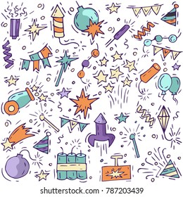 Hand draw firework icon set with petard, stars and pyrotechnics. Festival and event, celebrate and party. Vector colorful pattern