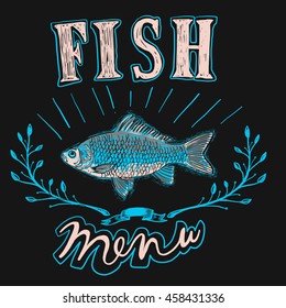 Hand draw fish for menu, old type logo, banner or sign