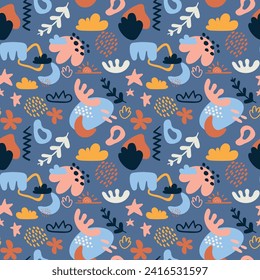 Hand draw flat matisse inspired pattern. Abstract doodle shapes seamless pattern. Modern art, minimal abstract shapes and brushes pattern design