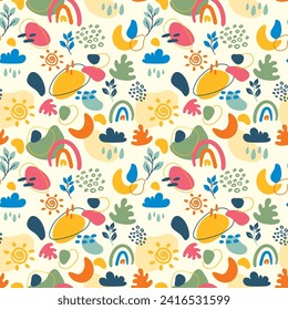 Hand draw flat matisse inspired pattern. Abstract doodle shapes seamless pattern. Modern art, minimal abstract shapes and brushes pattern design