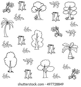 Hand draw flat vector tree set doodles illustration