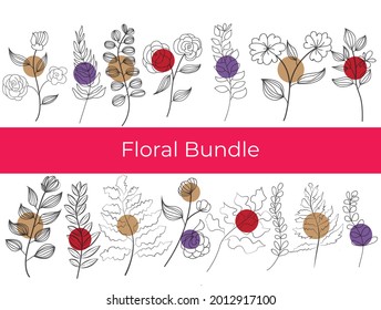 Hand draw Floral bundle line art flower vector illustration. flower coloring page