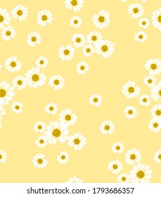 Hand Draw Floral Seamless Pattern On Yellow Background Wallpaper, White Flower Vector illustration,Daisy