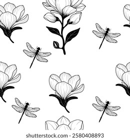 hand draw floral seamless pattern. Magnolia with dragonfly line art. Vector pattern. For botany pattern, cardboard, wallpaper.