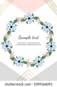 Hand draw floral wreath with green leaves on the geometric design with golden lines. Template for invitation, wedding, placard, birthday, save the date, banner, cover, layout, card, flyer
