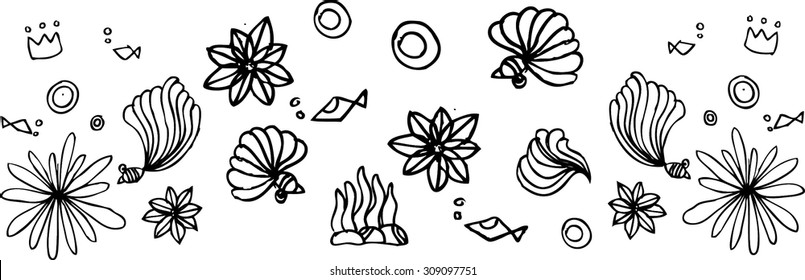 hand draw of flower and fish in line art