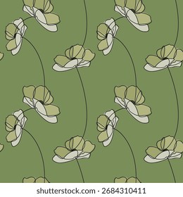 Hand draw flower seamless pattern vector. Contour illustration. Abstract outline botanical backdrop. Line continuous wallpaper, white cartoon background, fabric, textile, minimal print.