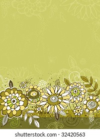 flores dibujadas a mano sobre fondo verde, ilustración vectorial